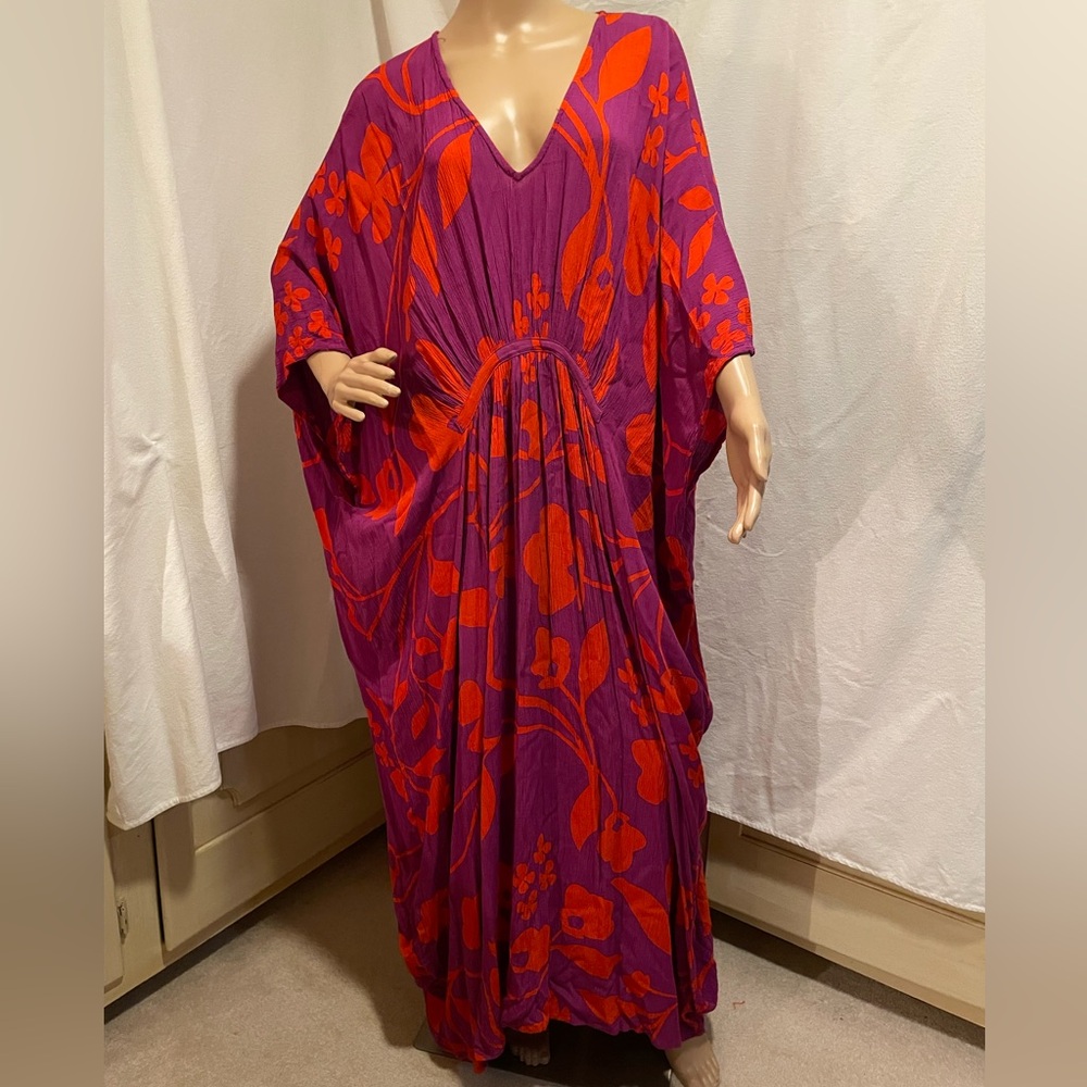 Free People Purple Maxi Kaftan Coverup with Red Floral Print